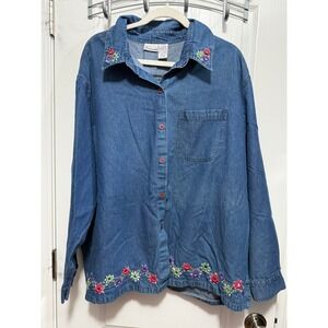 Lemonade Denim Shirt‎ Women's 2X Blue Floral Embroidered Button Down Top